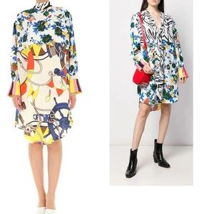 $640 MSGM DRESS MIX PRINT FLARED SHIFT NECK TIE 2-IN-1 DESIGN  sz IT 38 US 4-8